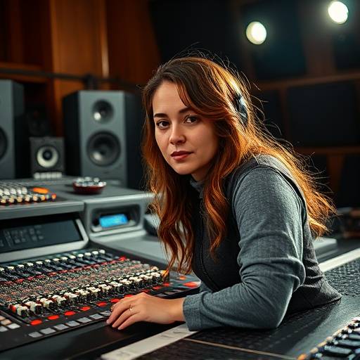 Foto de Mariana Costa, produtora musical do Ondas Criativas, trabalhando em uma mesa de mixagem.